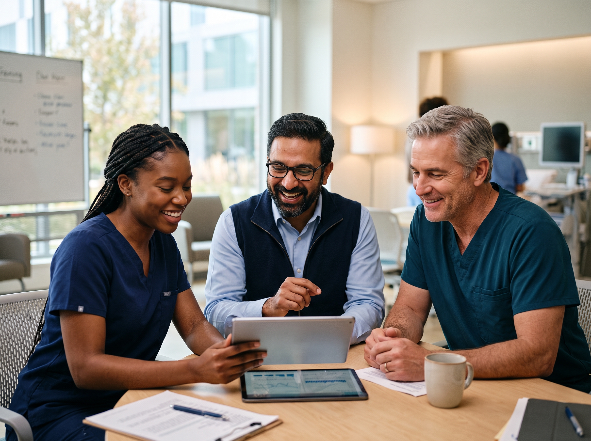 Three diverse healthcare professionals collaborating around a tablet