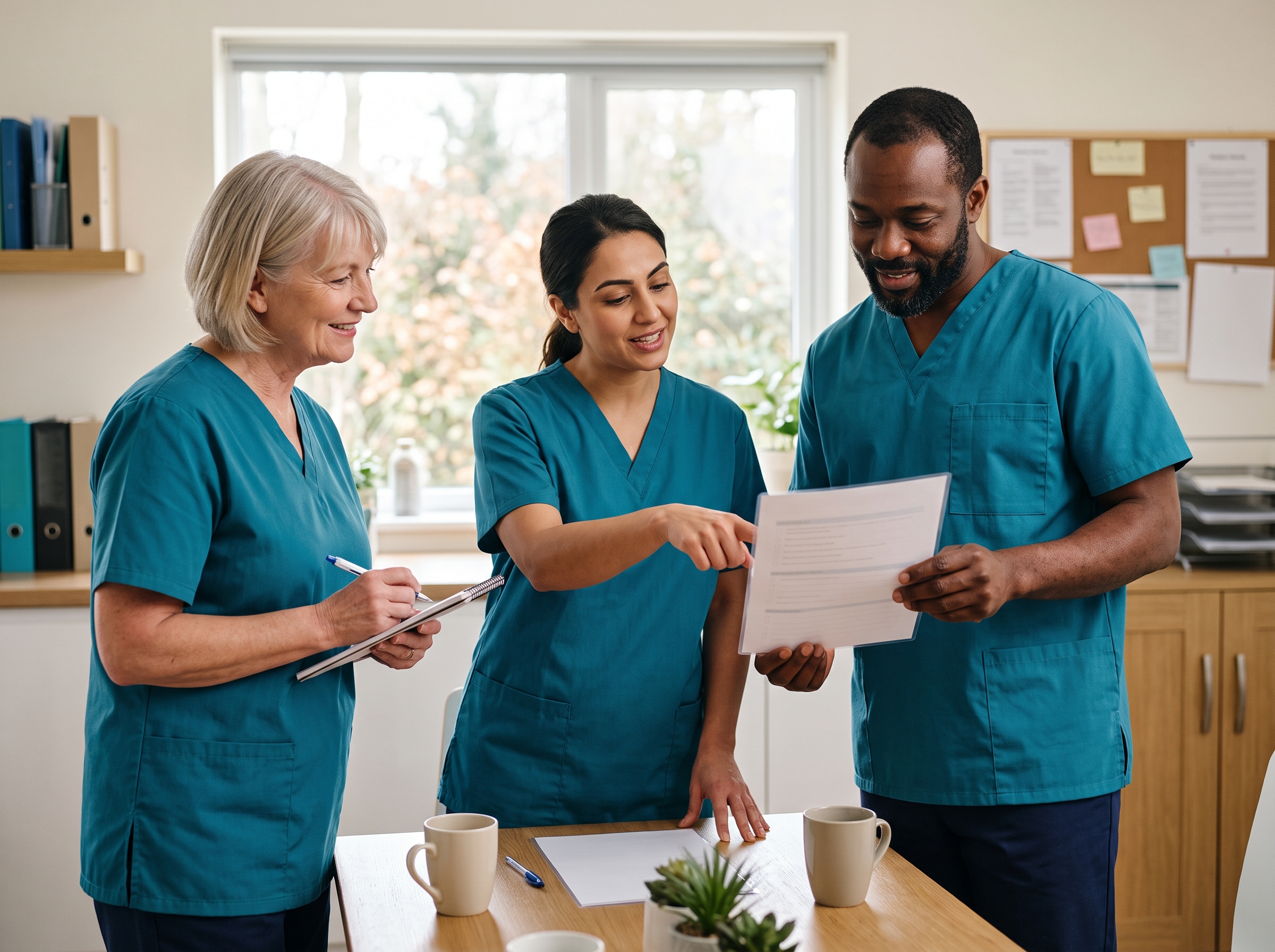 Care workers completing a workplace safety briefing