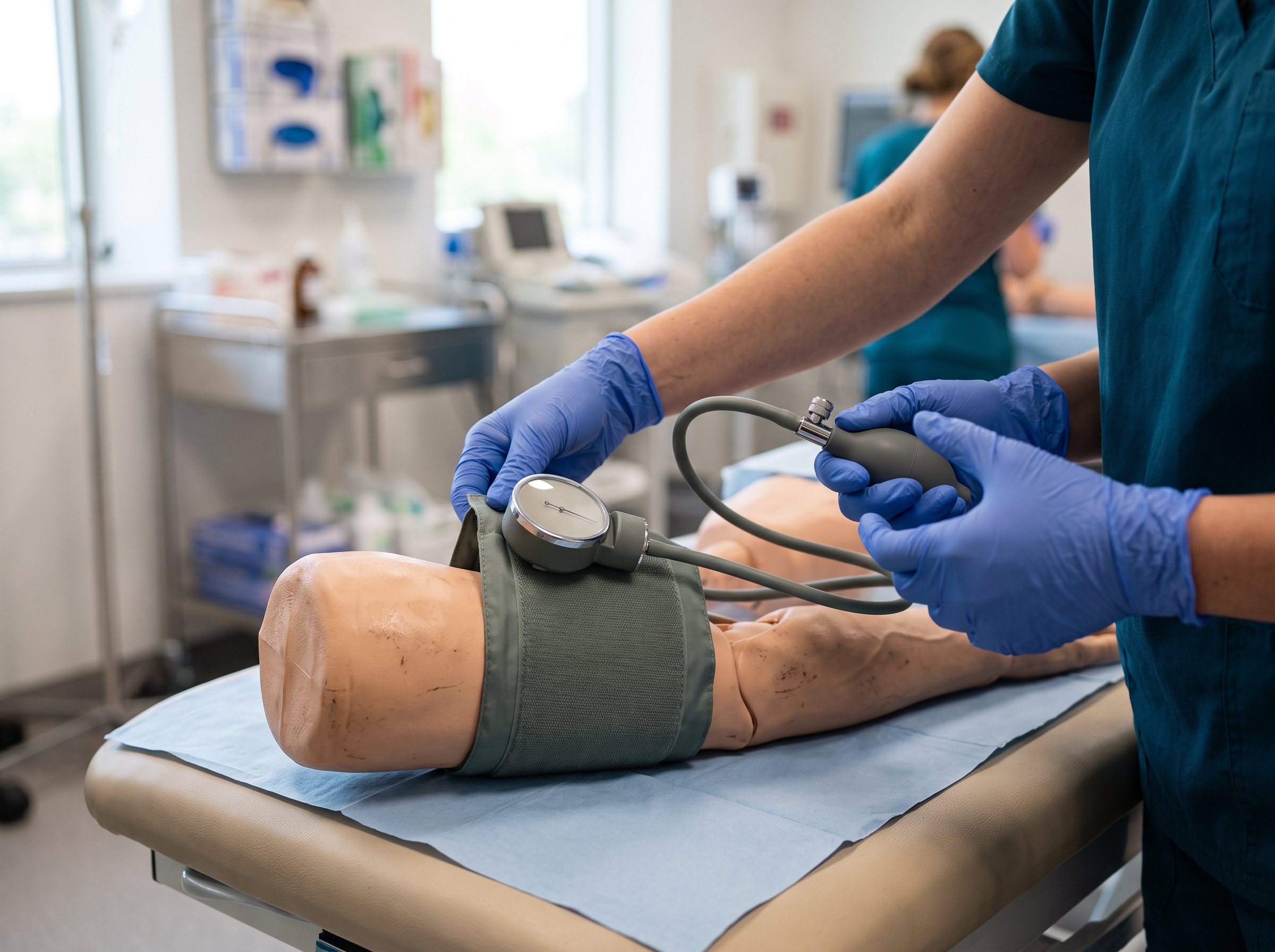 Gloved hands practising a clinical skill on a training mannequin
