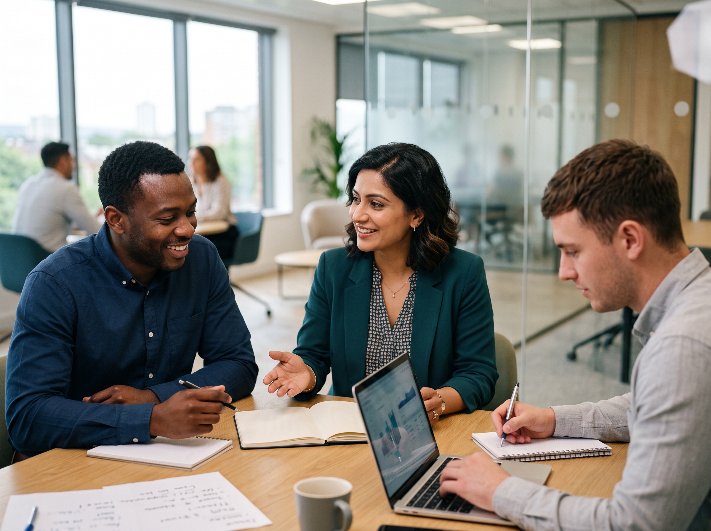 Healthcare team leader mentoring two colleagues