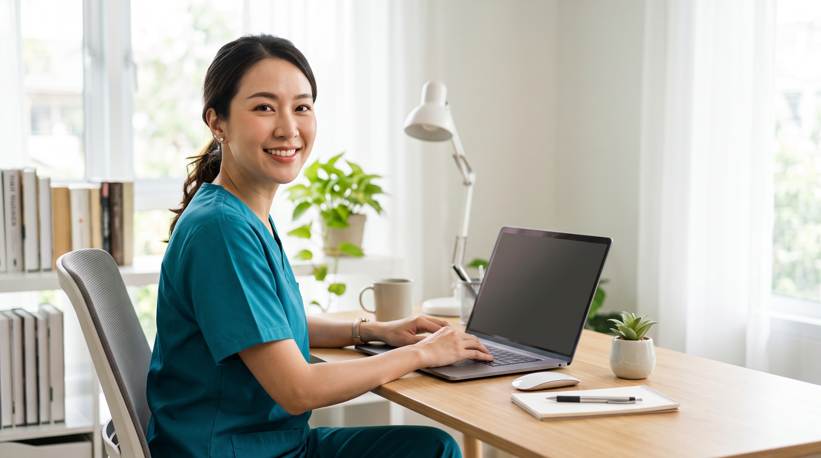 Healthcare professional completing an online training course on a laptop
